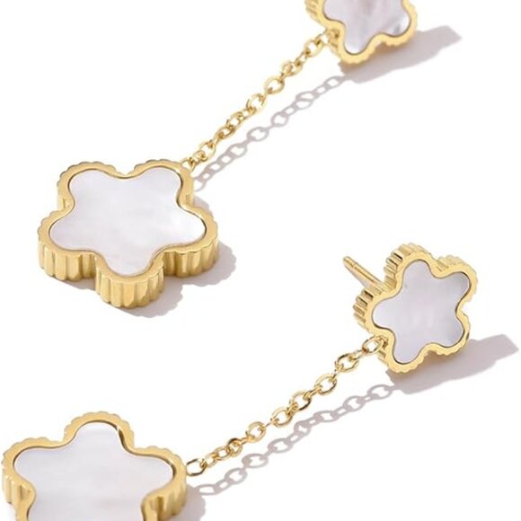 14K Gold Plated Natural Shell Clover Earrings - Picture 2 of 5